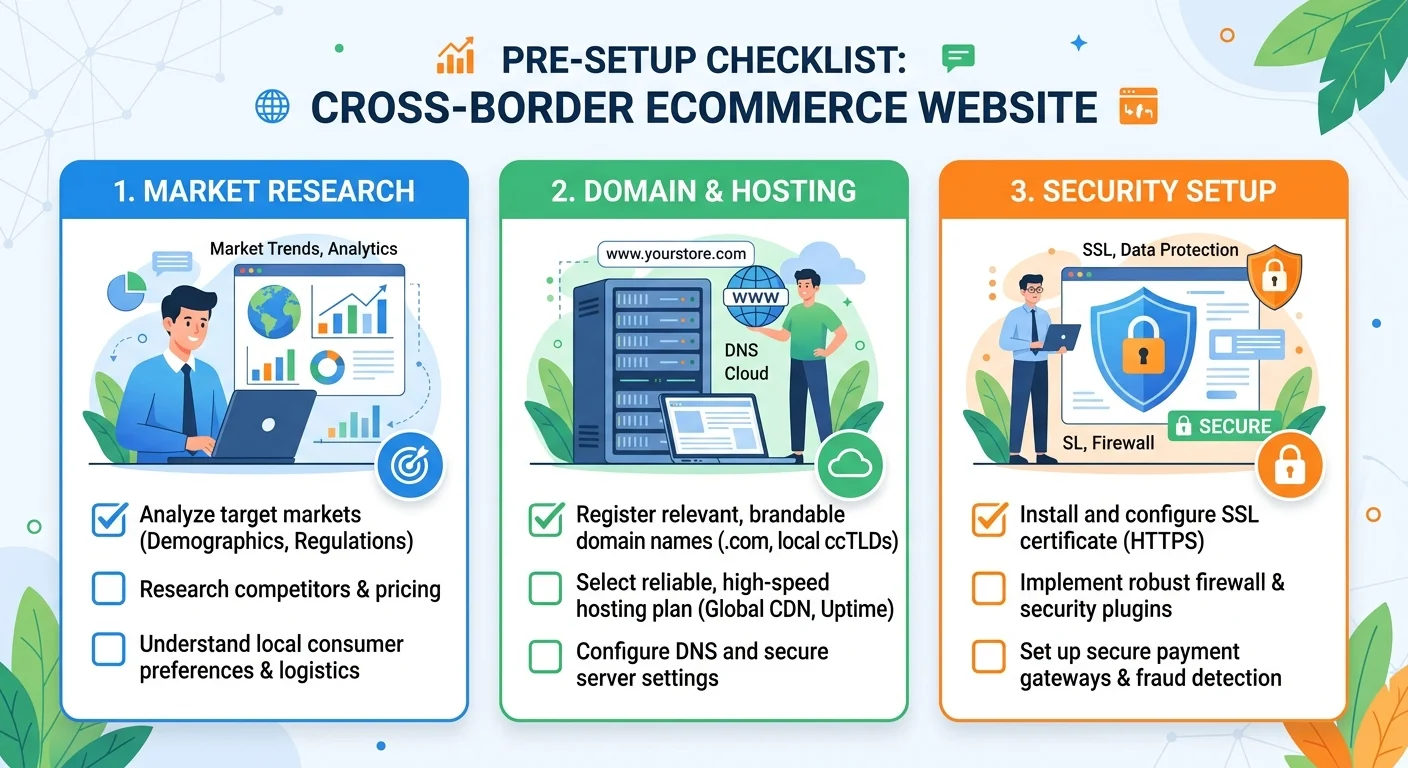 跨境電商網站架設前準備清單圖，三個卡片分別為「目標市場調查」「網域主機選擇」「安全憑證設定」，每個卡片有2-3個待辦事項和勾選框