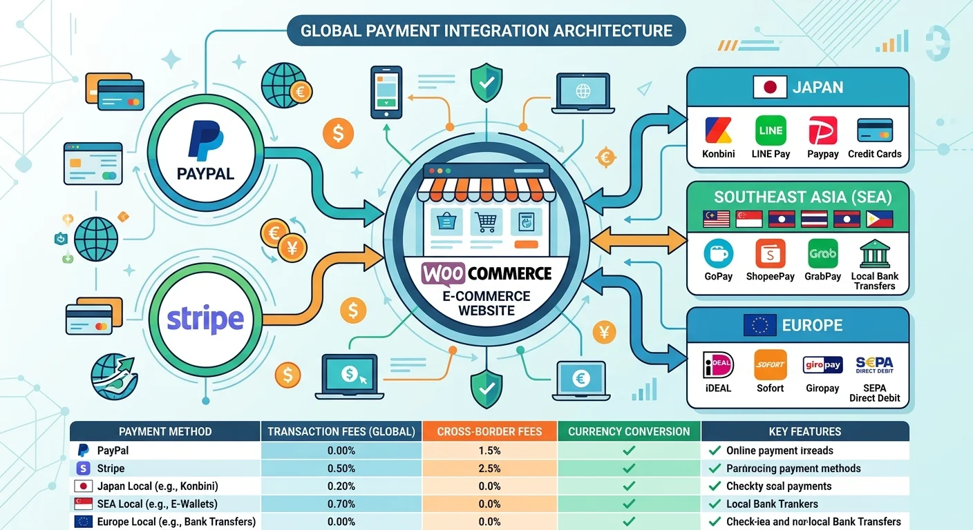 跨境金流串接架構圖，中央為WooCommerce網站，左側連接PayPal和Stripe兩個主要金流，右側連接各地區在地支付（日本、東南亞、歐洲），底部有手續費比較小表格