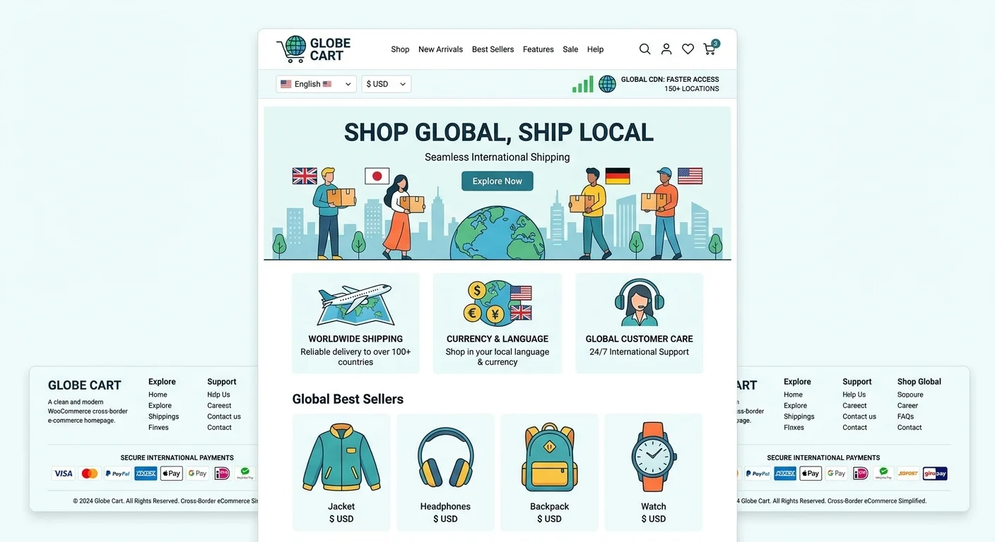 WooCommerce跨境電商網站完成效果示意圖，展示一個簡潔的電商網站首頁，包含多語系切換按鈕、幣別切換器、國際金流標示、CDN加速標示