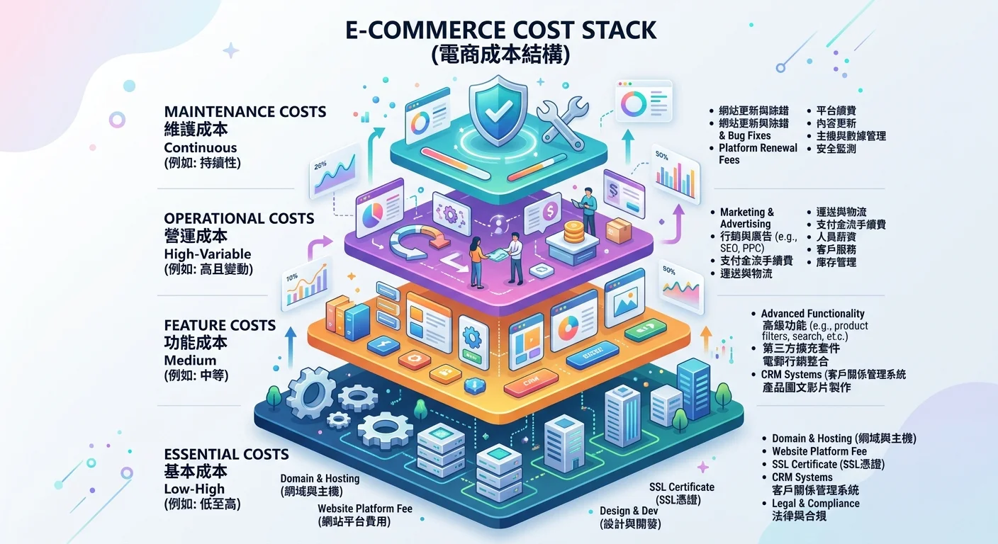 電商費用組成堆疊圖，從底到頂：必要費用→功能費用→營運費用→維護費用，每層標示金額範圍