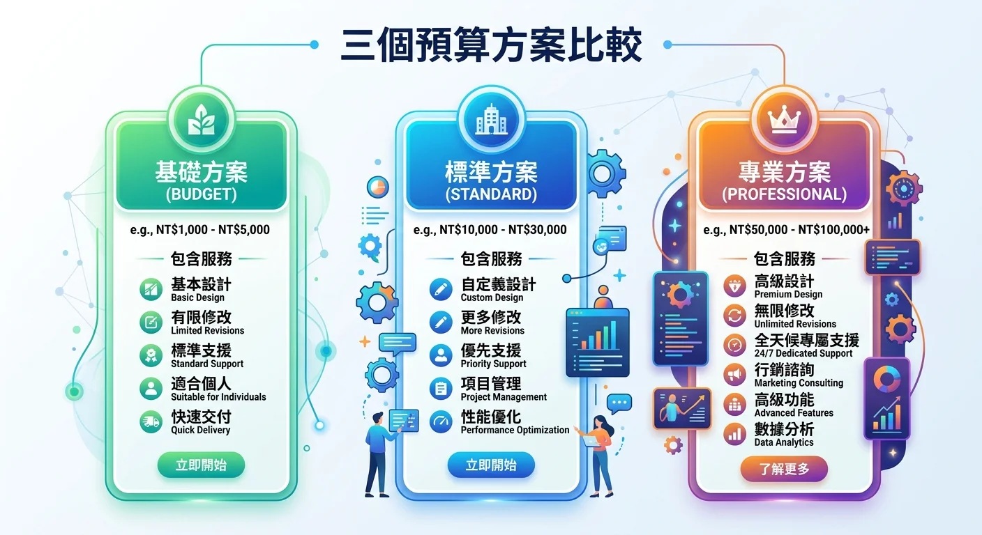 三種方案比較圖，由低到高：極省/標準/專業，每個標示費用範圍和包含內容