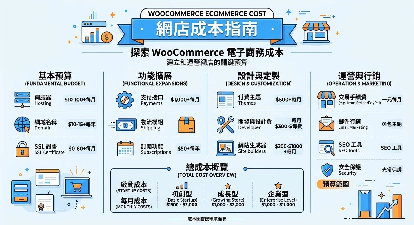 WooCommerce 電商網站費用完整解析｜2026 年開店要花多少錢？相關的視覺化資訊圖，展示核心概念與數據對比