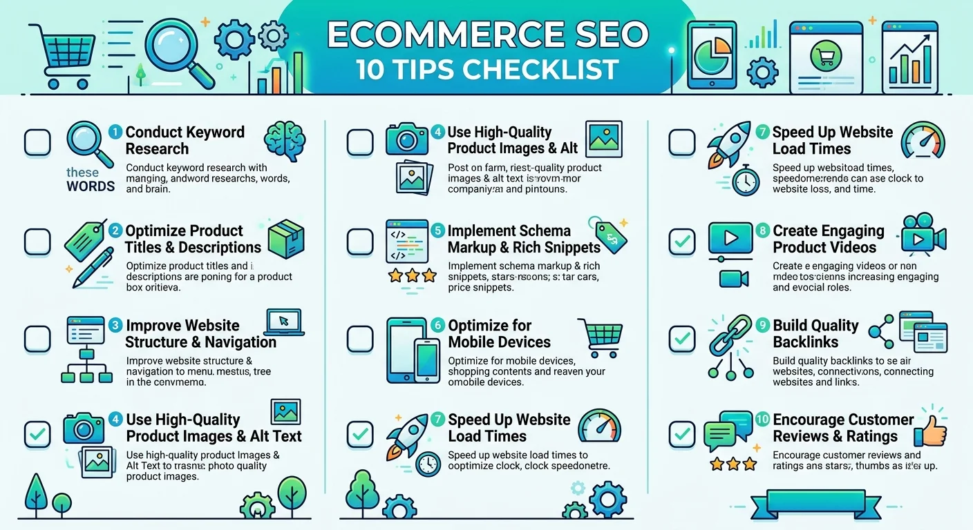 電商 SEO 十大技巧清單圖，十個項目配勾選框，已完成的打勾