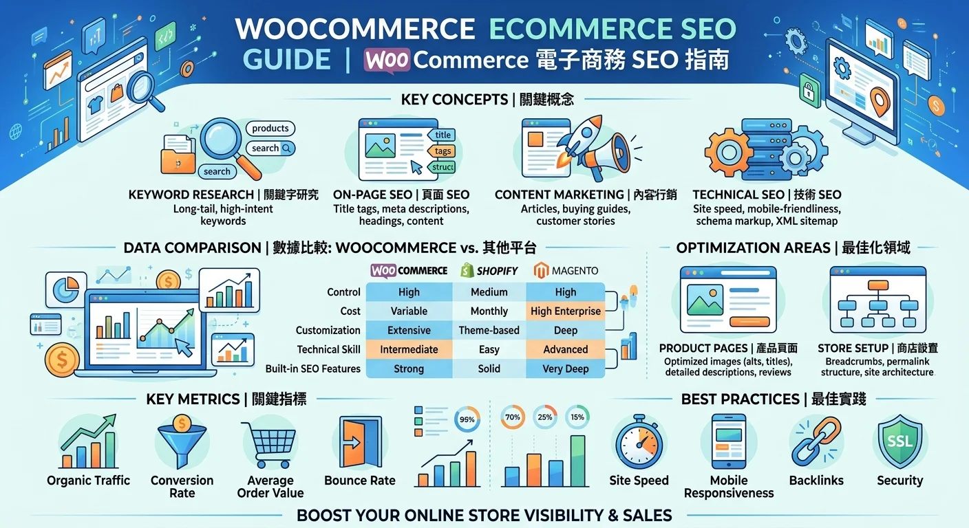 WooCommerce 電商 SEO 教學｜2026 年讓商品被搜尋到的 10 個技巧相關的視覺化資訊圖，展示核心概念與數據對比