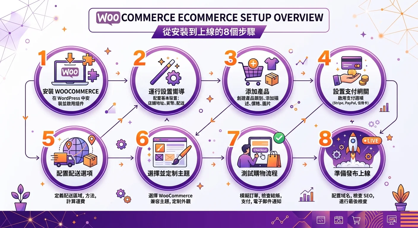 WooCommerce 電商網站架設流程總覽資訊圖，八個步驟以圓圈加數字排列，從安裝到上線，配色使用 WooCommerce 紫色搭配品牌橙