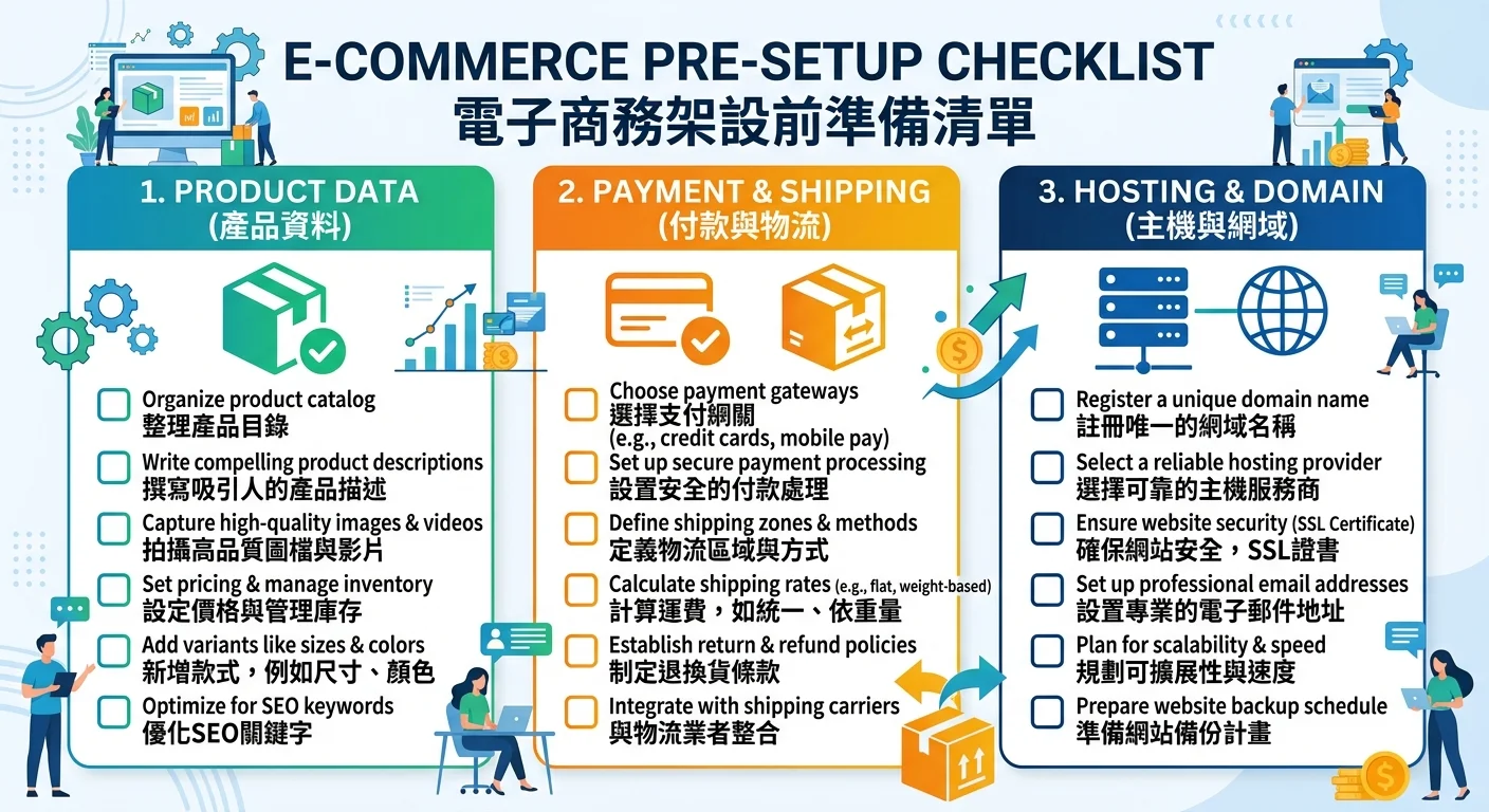 電商架站前準備清單圖，三大區塊並排：商品資料（商品圖示）、金流物流（信用卡+箱子圖示）、主機網域（伺服器圖示），每區塊列出準備項目