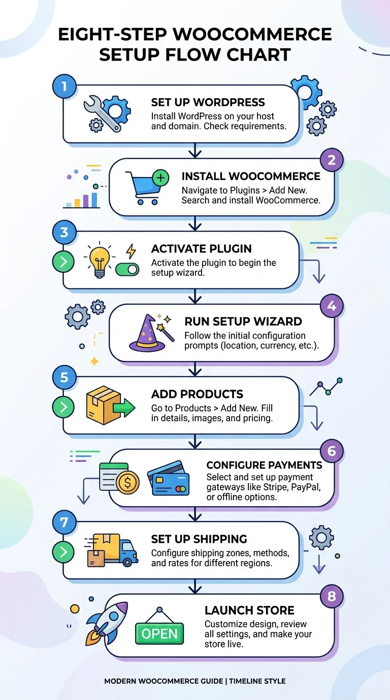 八步驟架站流程圖，垂直排列，每個步驟有編號、圖示和簡短描述，步驟之間用向下箭頭連接