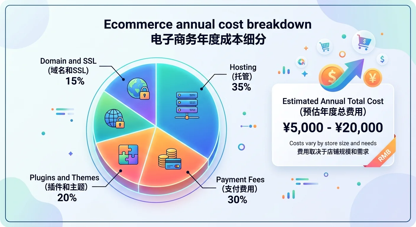 電商網站費用拆解圓餅圖，各區塊分別是主機（35%）、金流手續費（30%）、外掛主題（20%）、網域SSL（15%），旁邊標示年度總費用範圍