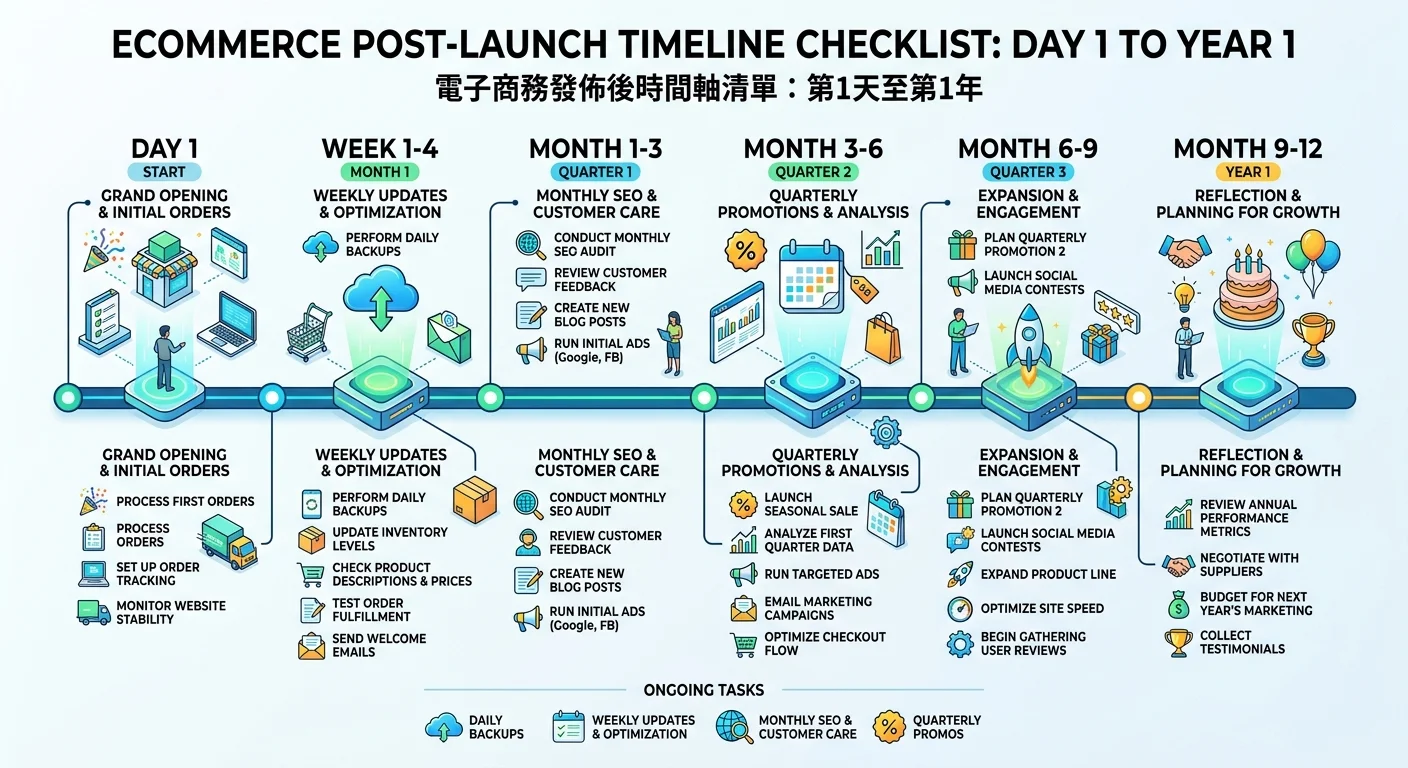 電商網站上線後營運清單時間軸，從上線後第一天到第一年，標示每個時期該做的事情