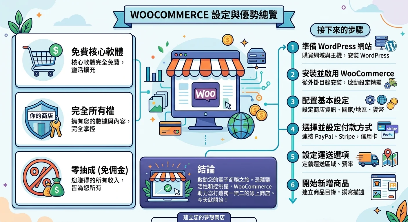 WooCommerce 電商網站架設總結圖，左側列出三大優勢（免費核心、完全擁有、不被抽成），右側標示下一步行動