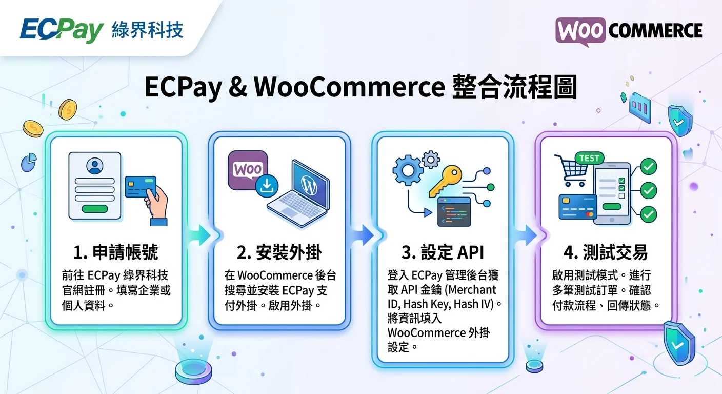 綠界金流串接流程圖，四大步驟：申請帳號→安裝外掛→設定API→測試交易，每步驟配綠界Logo和WooCommerce圖示