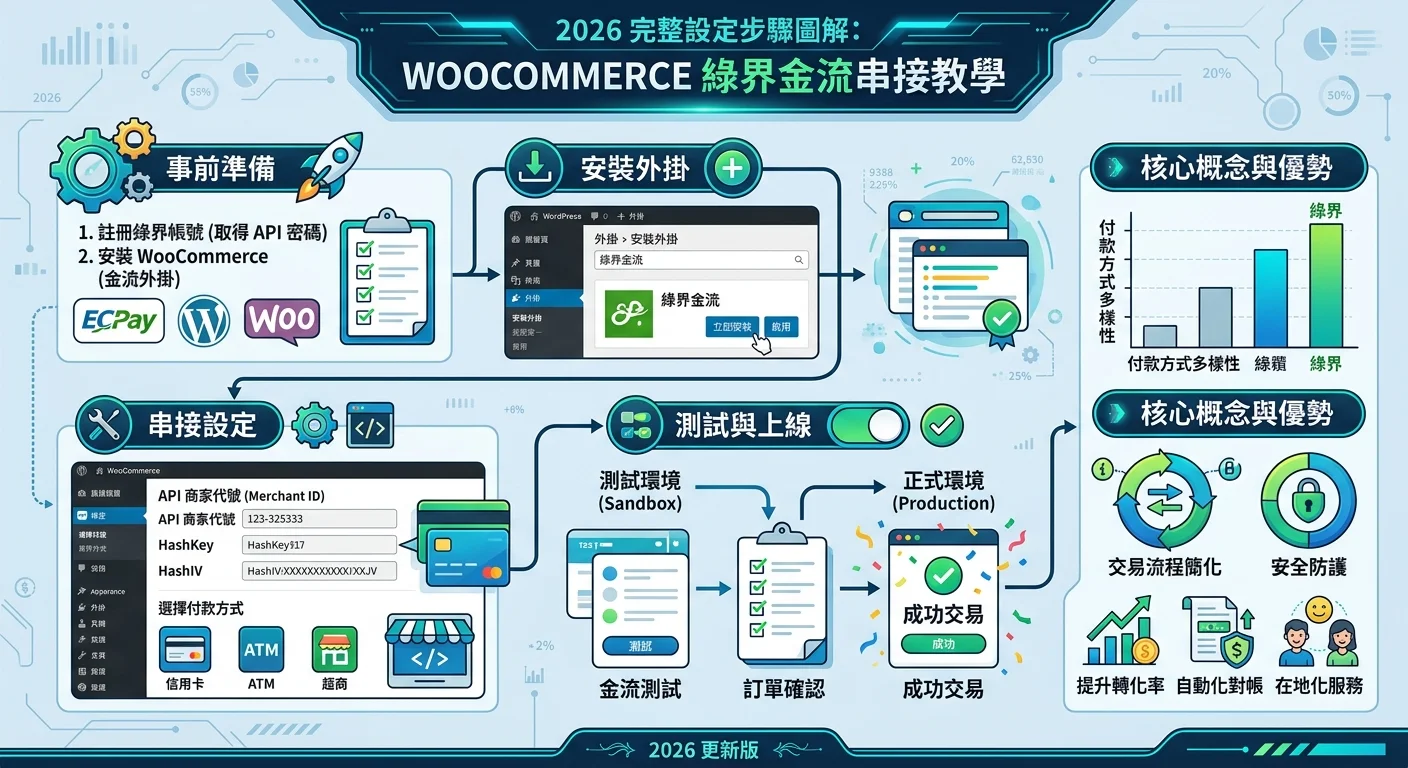 WooCommerce 綠界金流串接教學｜2026 完整設定步驟圖解相關的視覺化資訊圖，展示核心概念與數據對比