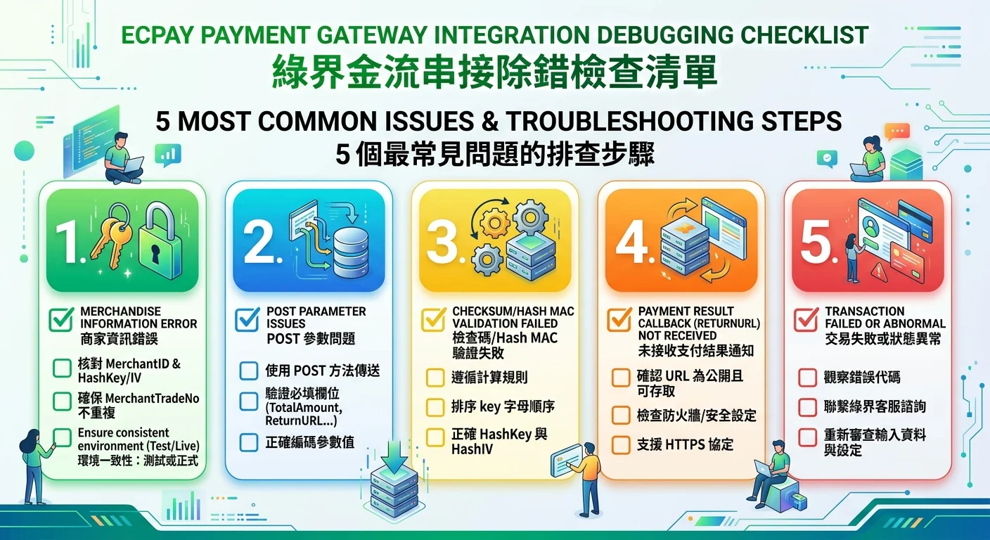 綠界金流串接除錯檢查清單，列出 5 個最常見問題的排查步驟，每個步驟搭配勾選方塊，以清單格式呈現
