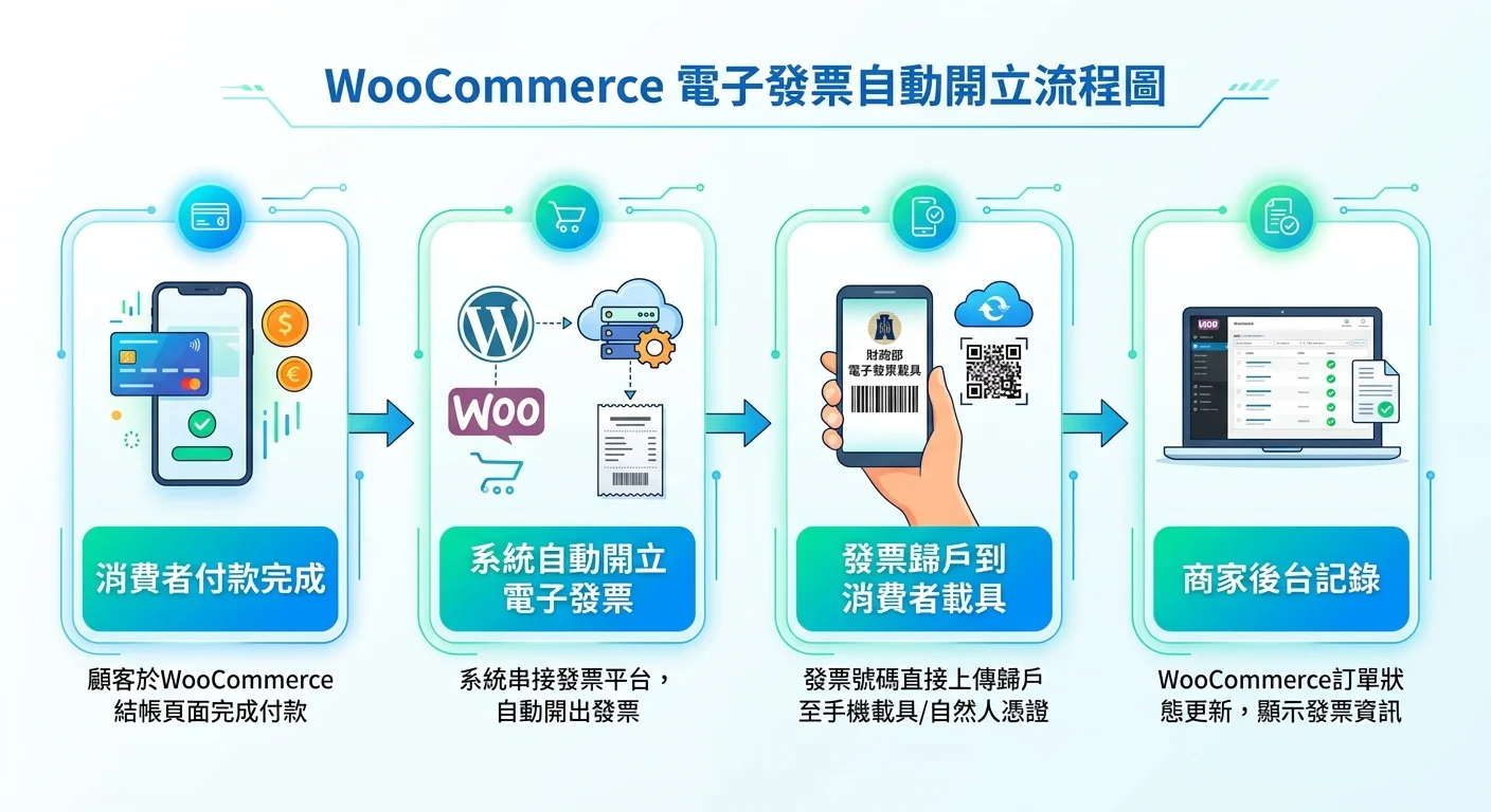 WooCommerce 電子發票自動開立流程圖，消費者付款完成 → 系統自動開立電子發票 → 發票歸戶到消費者載具 → 商家後台記錄，四步驟橫向流程
