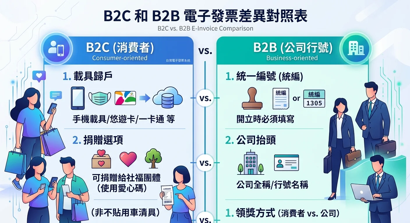 B2C 和 B2B 電子發票差異對照表，左側 B2C（消費者、載具歸戶、捐贈選項），右側 B2B（公司行號、統一編號、公司抬頭），以對比格式呈現
