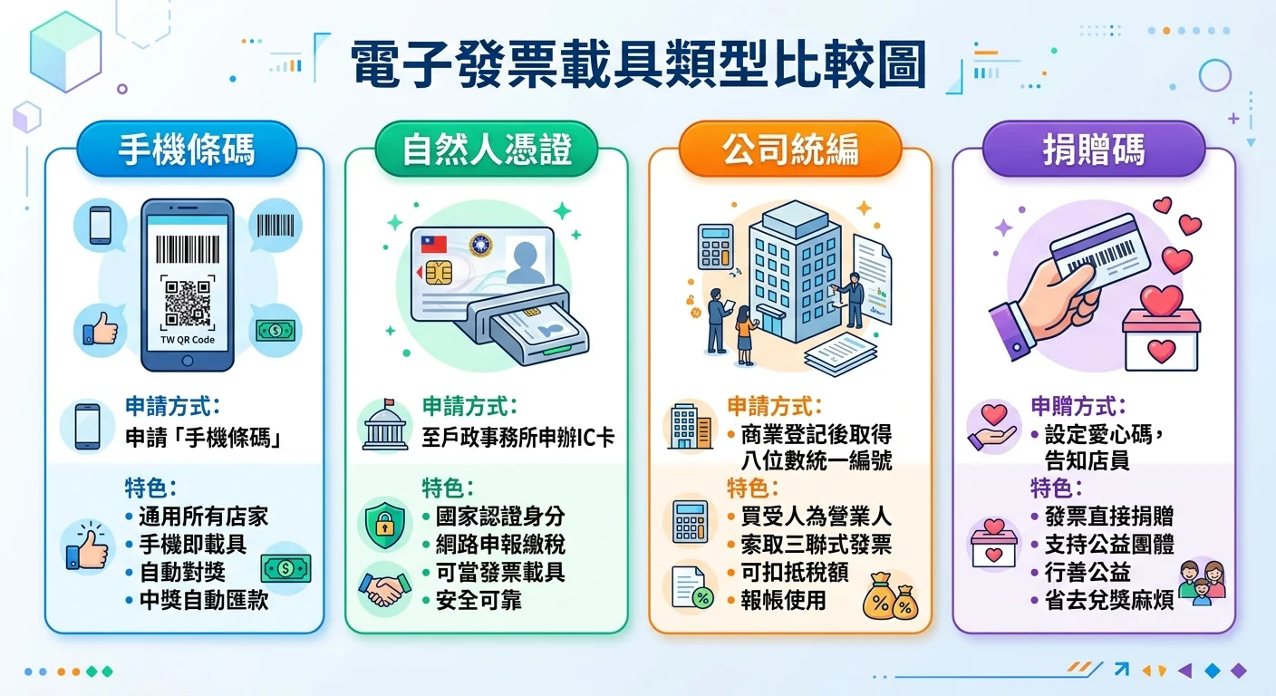 電子發票載具類型比較圖，四種載具並排：手機條碼、自然人憑證、公司統編、捐贈碼