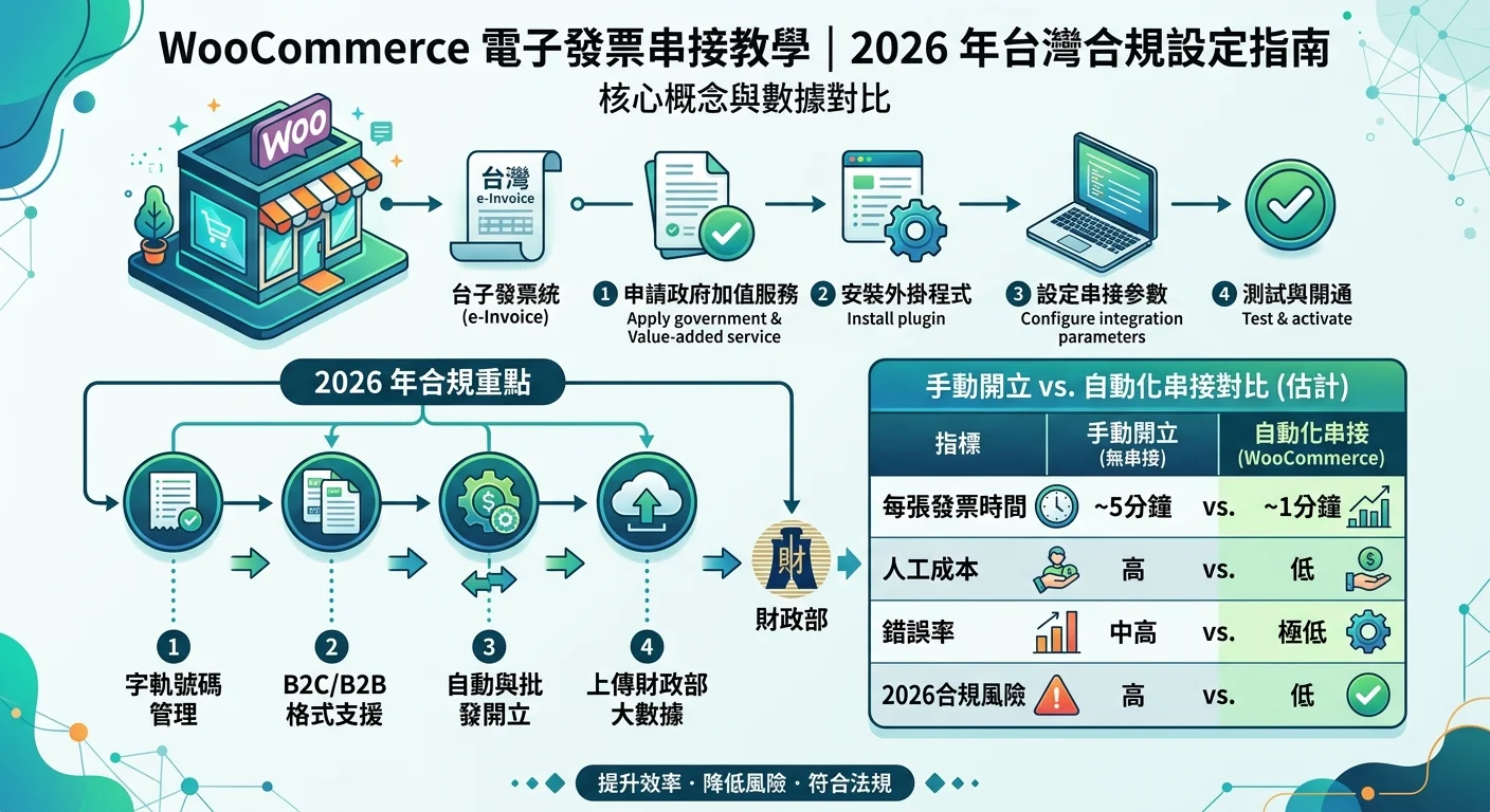 WooCommerce 電子發票串接教學｜2026 年台灣合規設定指南相關的視覺化資訊圖，展示核心概念與數據對比