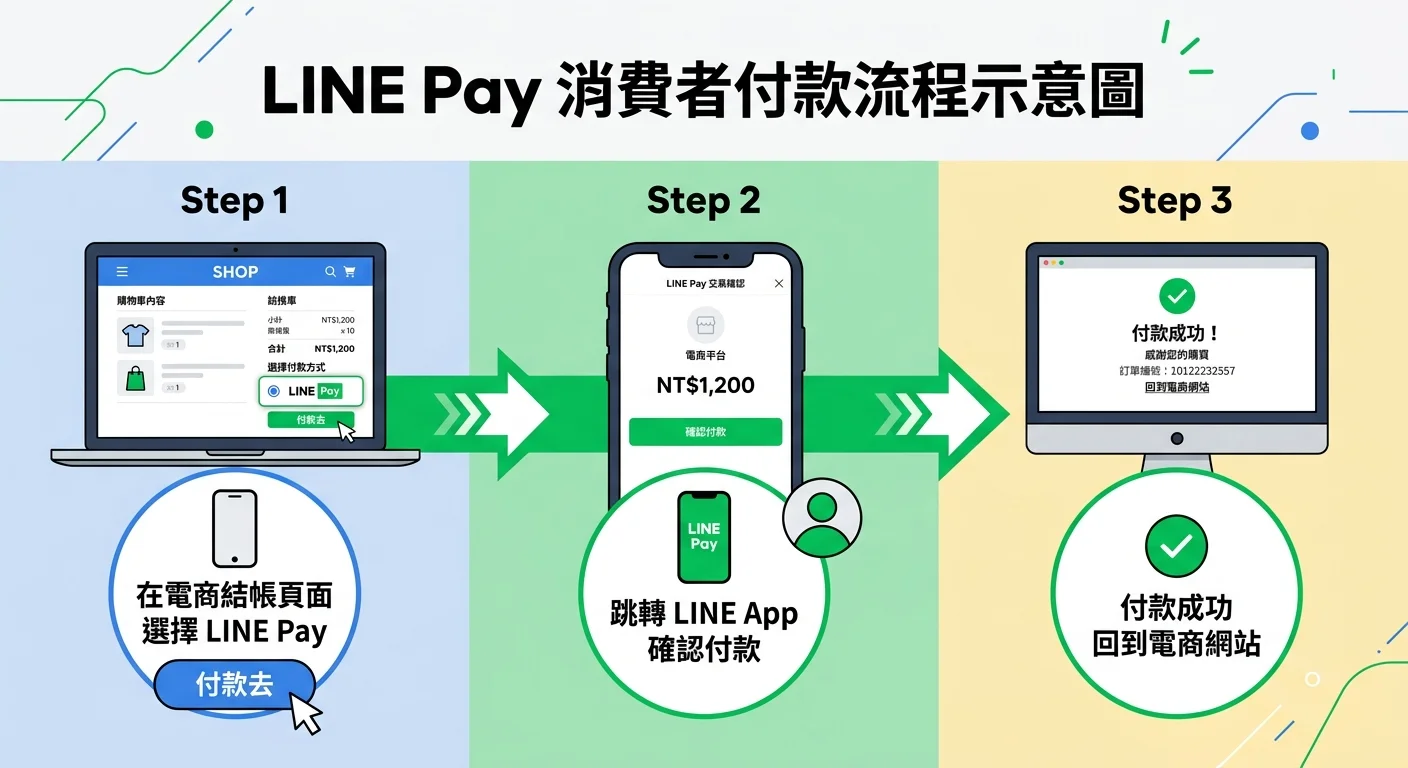 LINE Pay 消費者付款流程示意圖，從電商結帳頁面選擇 LINE Pay → 跳轉 LINE App 確認付款 → 付款成功回到電商網站，三步驟橫向排列