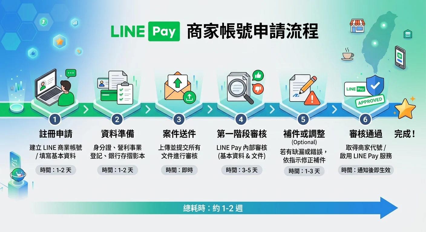 LINE Pay 商家帳號申請流程時間軸，從註冊到審核通過的步驟與時間標註