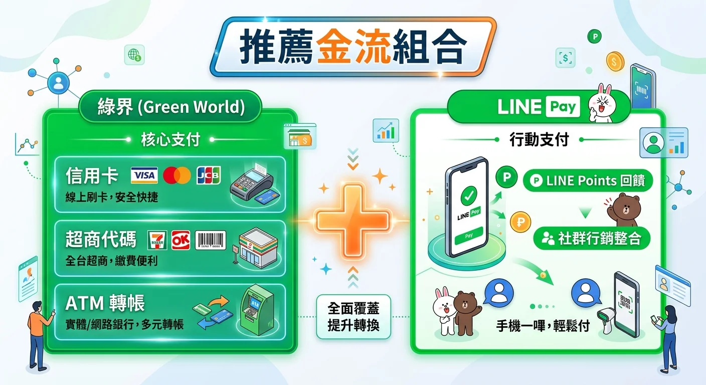 金流搭配推薦組合圖，左側為綠界（信用卡+超商代碼+ATM），右側為 LINE Pay（行動支付），中間以加號連接，上方標示「推薦金流組合」