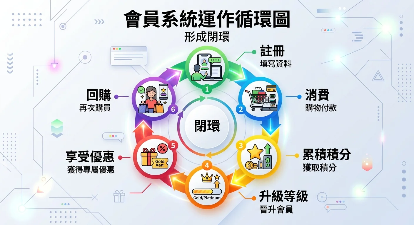 會員系統運作循環圖：註冊→消費→累積積分→升級等級→享受優惠→回購，形成閉環