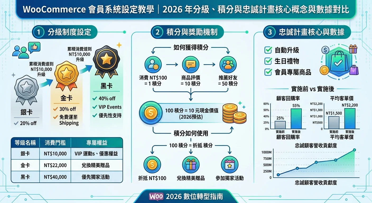 WooCommerce 會員系統設定教學｜2026 年分級、積分與忠誠計畫相關的視覺化資訊圖，展示核心概念與數據對比