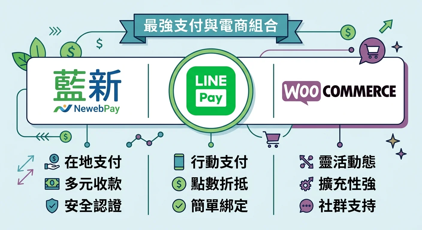 藍新與 LINE Pay 品牌 Logo 搭配 WooCommerce，三個品牌並排展示