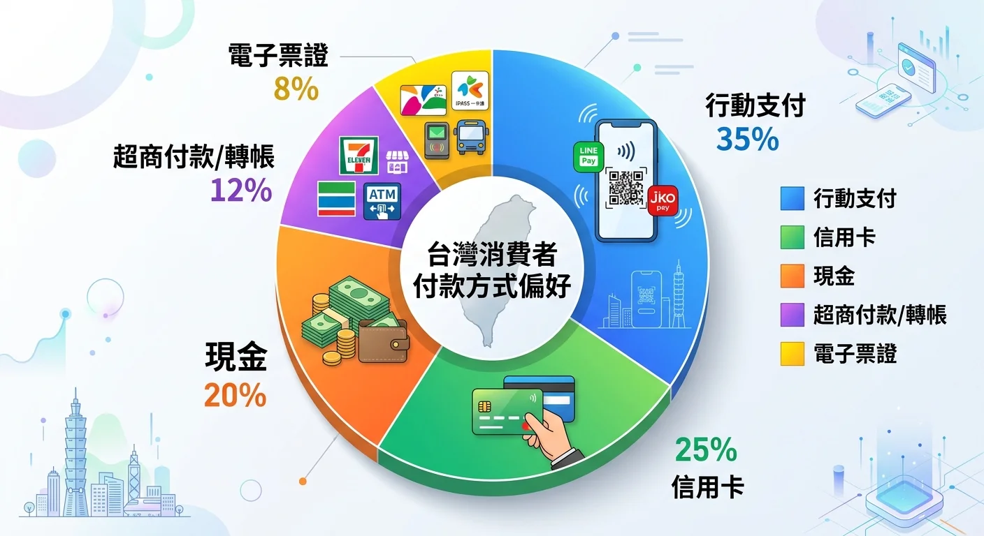 台灣消費者付款方式偏好圓餅圖，五種方式各佔比例