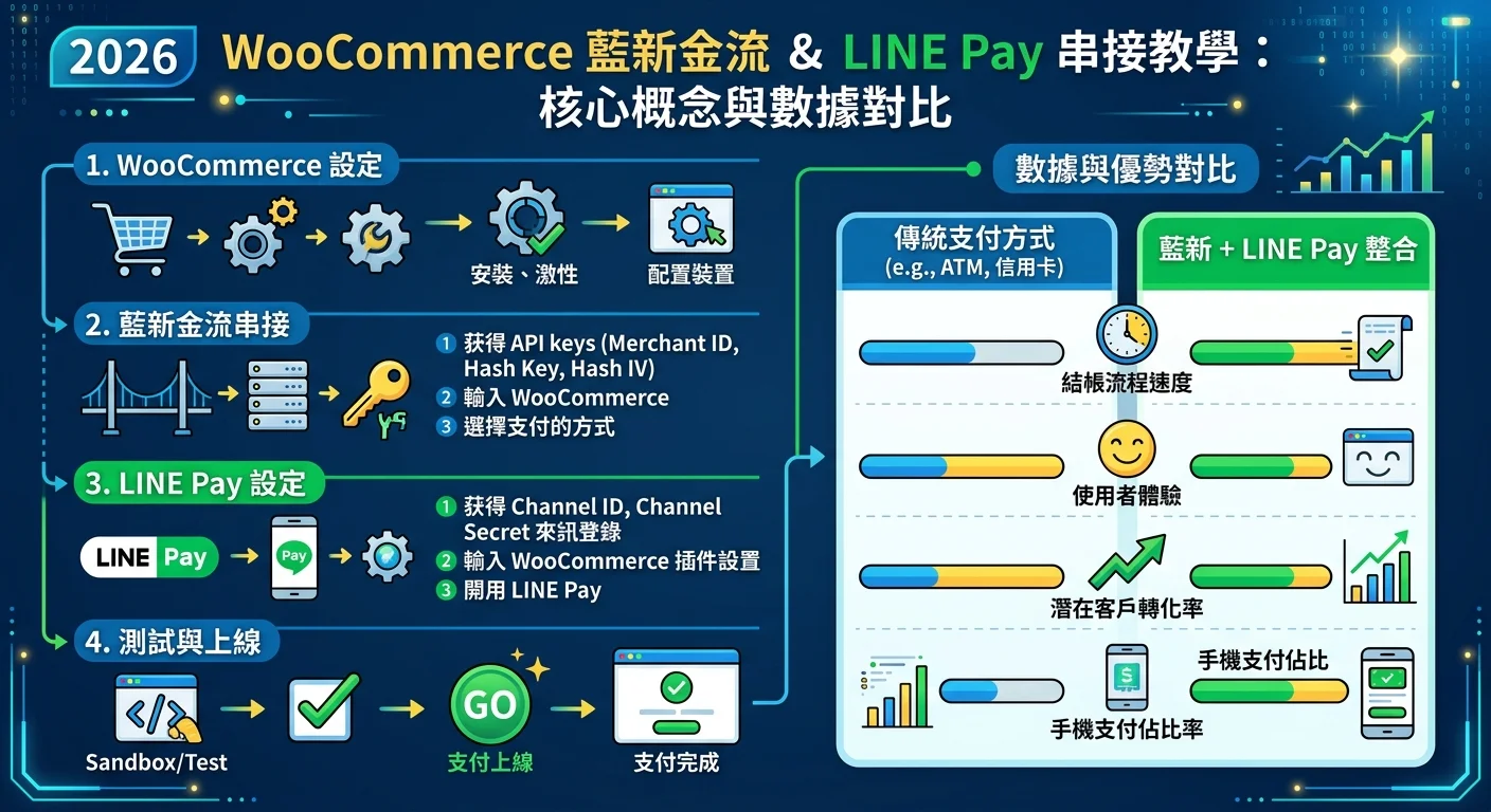 WooCommerce 藍新金流與 LINE Pay 串接教學｜2026 完整設定相關的視覺化資訊圖，展示核心概念與數據對比