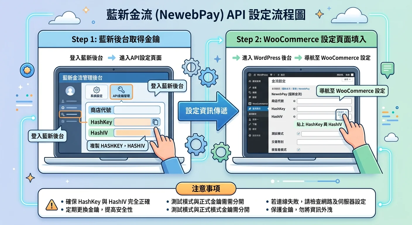 藍新 API 設定流程圖，左側為藍新後台取得 Hash Key/Hash IV，中間箭頭，右側為 WooCommerce 設定頁面填入金鑰，下方標示注意事項