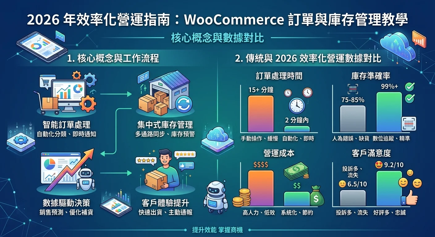 WooCommerce 訂單與庫存管理教學｜2026 年效率化營運指南相關的視覺化資訊圖，展示核心概念與數據對比