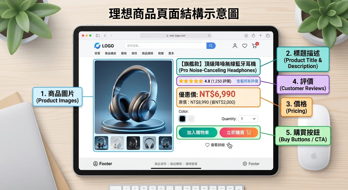理想商品頁面結構示意圖，標示五大關鍵元素位置：商品圖片、標題描述、價格、評價、購買按鈕
