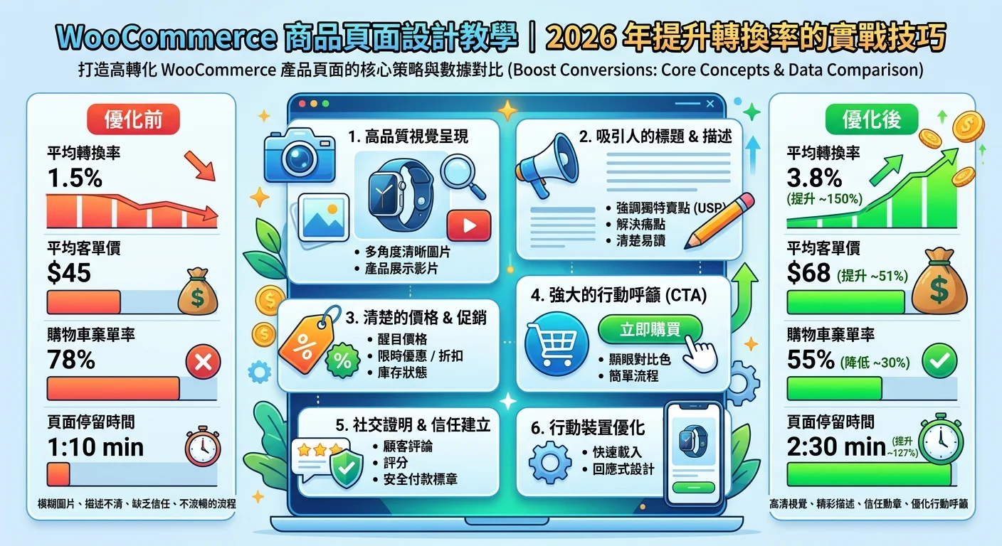 WooCommerce 商品頁面設計教學｜2026 年提升轉換率的實戰技巧相關的視覺化資訊圖，展示核心概念與數據對比