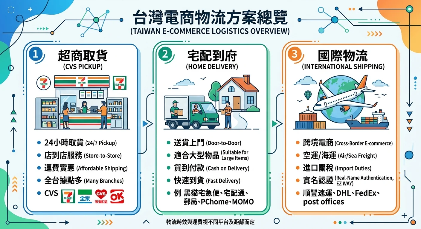 台灣電商物流方案總覽圖，三種方式並排：超商取貨（便利商店圖示）、宅配到府（貨車圖示）、國際物流（飛機圖示）