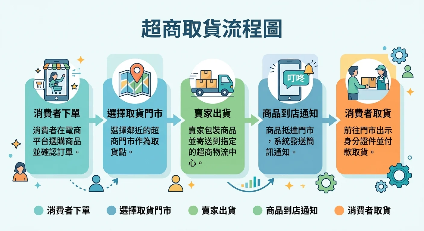 超商取貨流程圖，從消費者下單→選門市→出貨→到店通知→取貨，五步驟橫向排列