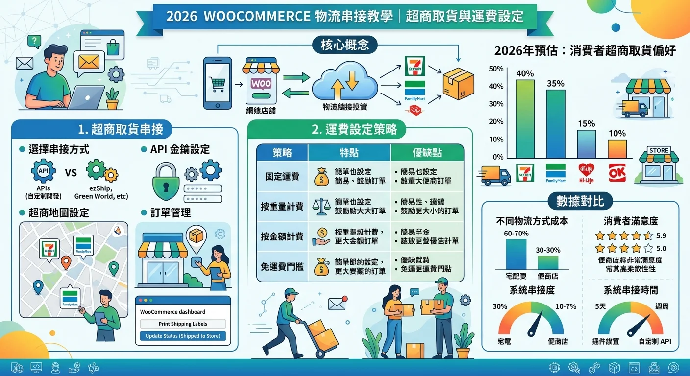 WooCommerce 物流串接教學｜2026 年超商取貨與運費設定相關的視覺化資訊圖，展示核心概念與數據對比