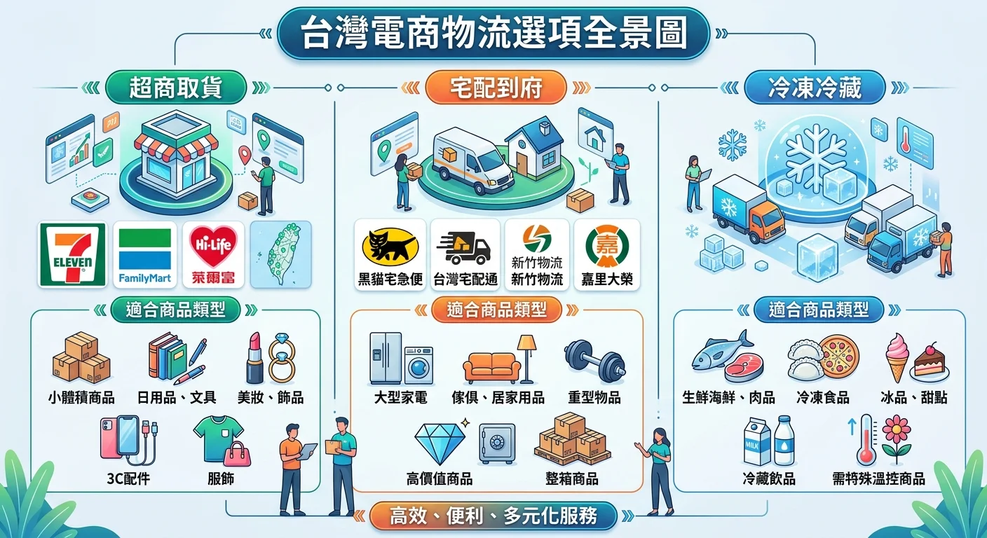 台灣電商物流選項全景圖，分為三大區塊：超商取貨（7-11、全家、萊爾富門市圖示）、宅配到府（貨運車圖示）、冷凍冷藏（雪花圖示），每個區塊標示適合商品類型