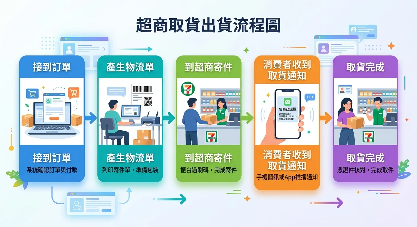 超商取貨出貨流程圖，五個步驟橫向排列：接到訂單 → 產生物流單 → 到超商寄件 → 消費者收到取貨通知 → 取貨完成