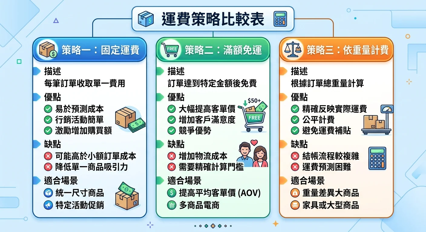 運費策略比較表，三種策略並排：固定運費、滿額免運、依重量計費，每種標示優缺點與適合場景