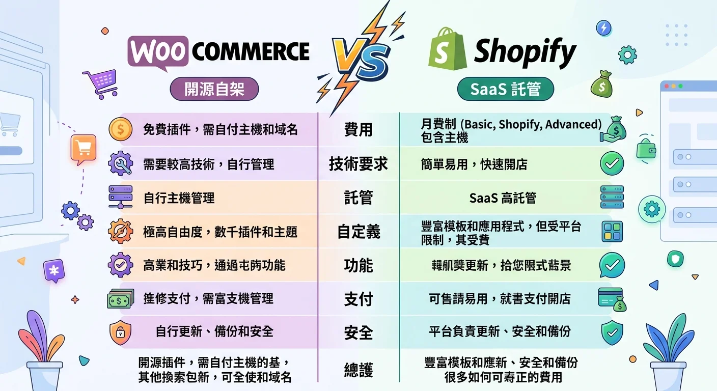 WooCommerce vs Shopify 對比圖，左側 WooCommerce Logo 搭配「開源自架」標籤，右側 Shopify Logo 搭配「SaaS 託管」標籤，中間 VS 字樣