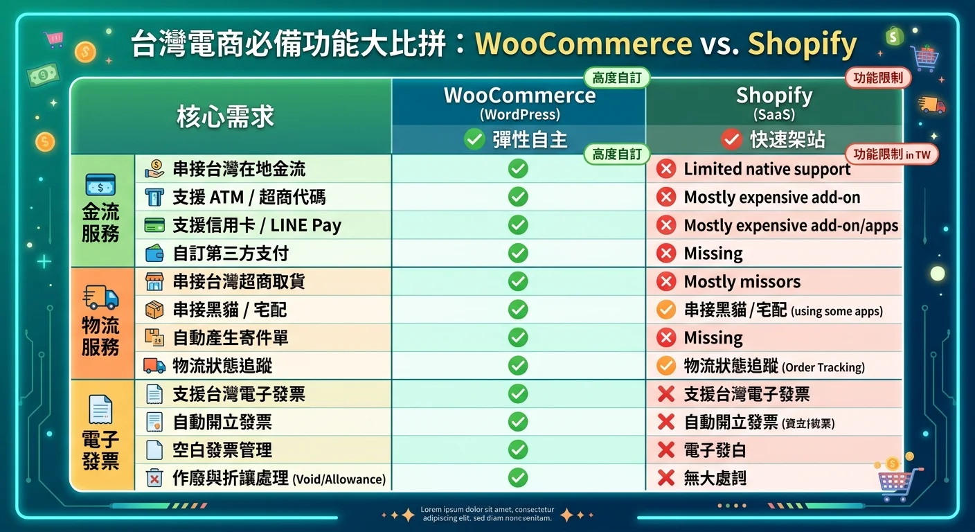 台灣電商必備功能比較表格圖，列出金流/物流/發票三大需求，WooCommerce 全勾，Shopify 多數打叉