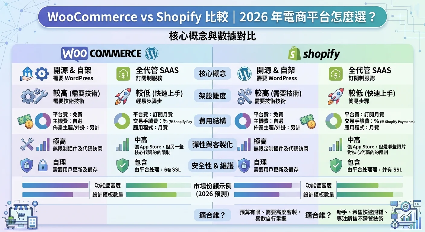 WooCommerce vs Shopify 比較｜2026 年電商平台怎麼選？相關的視覺化資訊圖，展示核心概念與數據對比
