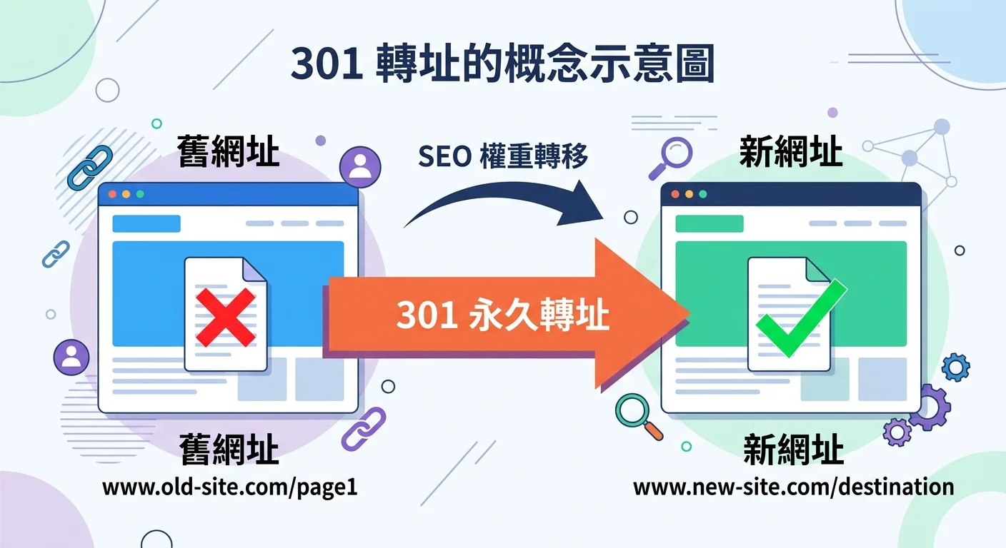 301 轉址的概念示意圖，左側為舊網址（附紅色叉號），右側為新網址（附綠色勾號），中間以粗箭頭連接標示「301 永久轉址」，箭頭上方標示「SEO 權重轉移」
