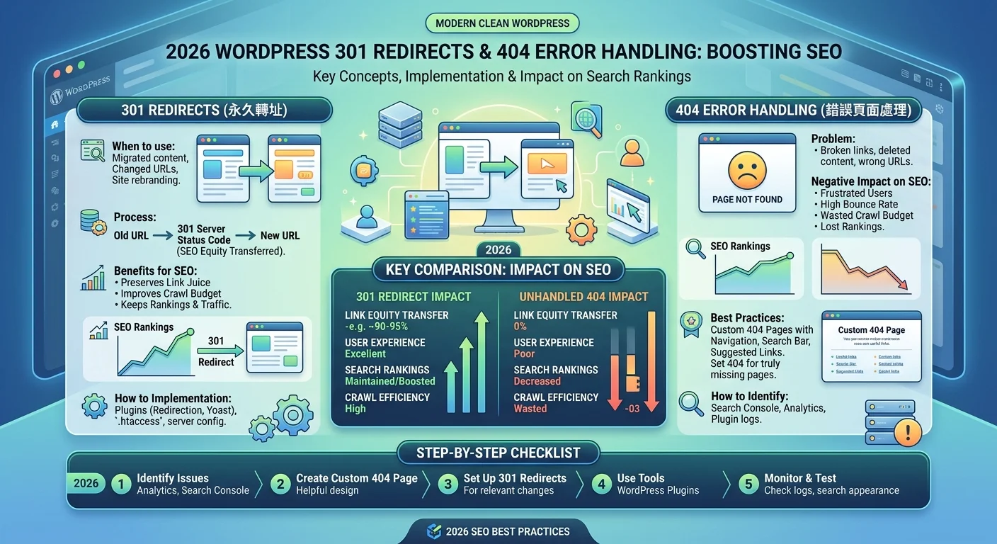2026 WordPress 301 轉址與 404 錯誤處理教學（SEO 不掉分）相關的視覺化資訊圖，展示核心概念與數據對比