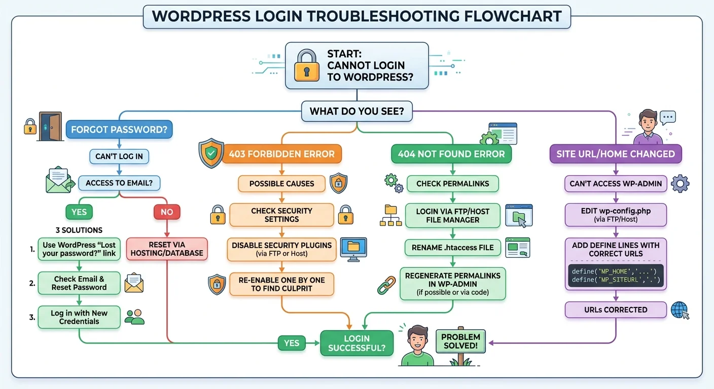 WordPress登入問題排錯流程圖，從「無法登入」開始分支：忘記密碼→三種解法、403錯誤→安全外掛檢查、404錯誤→固定連結檢查、網址被改→wp-config修復