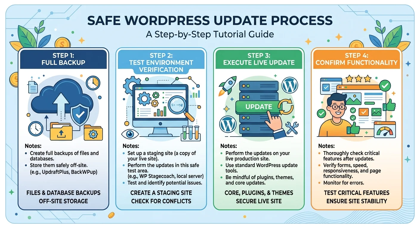 WordPress更新安全流程圖，四個步驟由左到右：備份→測試環境驗證→執行更新→確認功能正常，每步驟有簡易圖示和注意事項