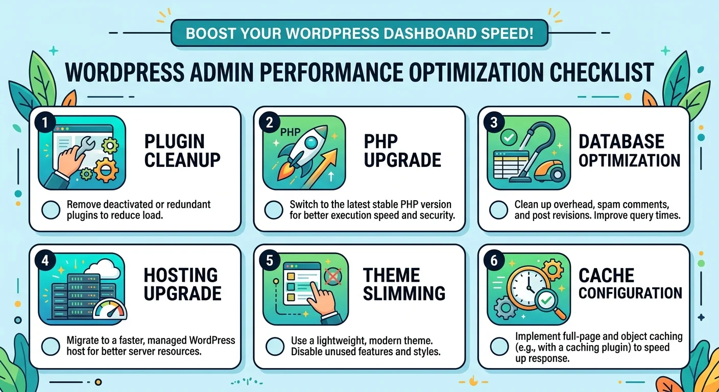 WordPress後台效能優化檢查清單，六個項目分別有圖示和簡短說明：外掛清理、PHP升級、資料庫優化、主機升級、主題瘦身、快取設定