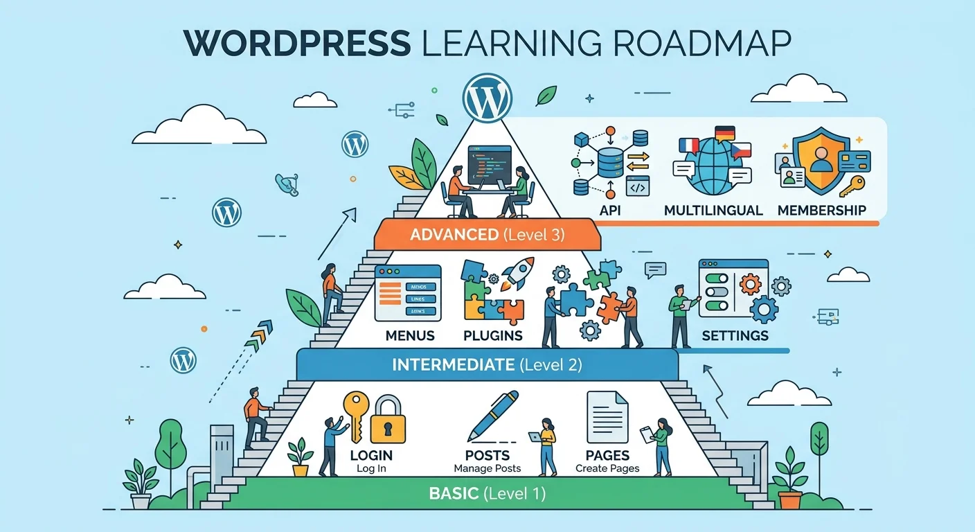 WordPress學習路線圖，由下往上三個階段：基礎（登入、文章、頁面）→中階（選單、外掛、設定）→進階（API、多語系、會員），每階段有代表性的功能圖示