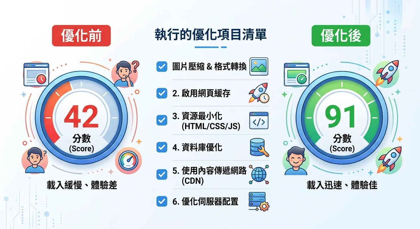 WordPress 效能優化前後對比圖，左側顯示優化前的 PageSpeed 分數（紅色低分），右側顯示優化後的分數（綠色高分），中間列出執行的優化項目清單