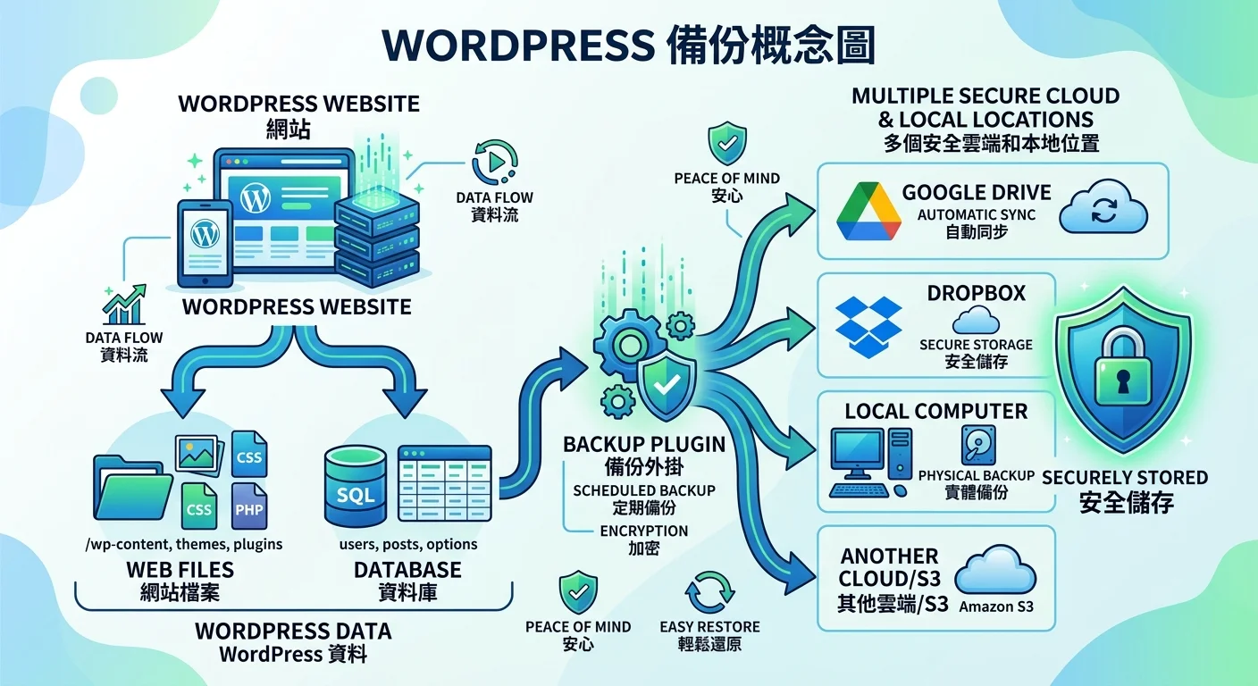 WordPress 備份概念圖，顯示網站資料（資料庫+檔案）被安全儲存到多個雲端位置（Google Drive、Dropbox、本地電腦），配色使用藍色和綠色